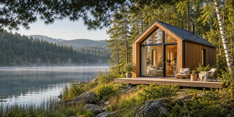 Tiny Haus mit Holzfassade, großer Glasfront und Terrasse am Seeufer im Morgenlicht, umgeben von Wald